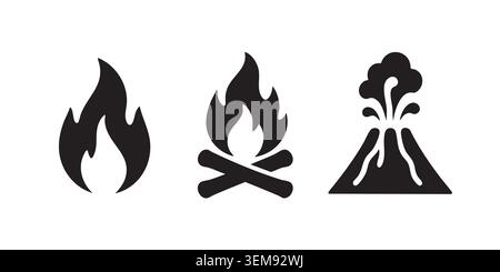 Fire Flame and Volcano Black Silhouette Icon Set Stock Vector