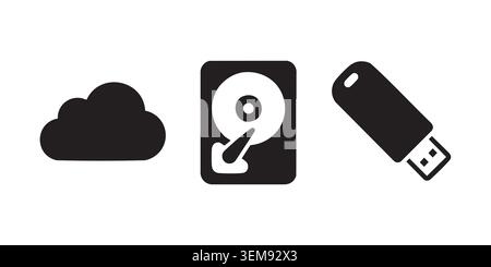 Black Silhouette Cloud, Storage Technology Icon Set Stock Vector