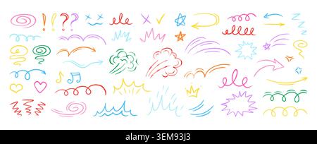 Hand drawn comic doodle element set. Elements of movement and emotion from anime. Cartoon emoji arrows, speed lines, shock emotions, line expression marks. Sketch motion effects manga vector design Stock Vector