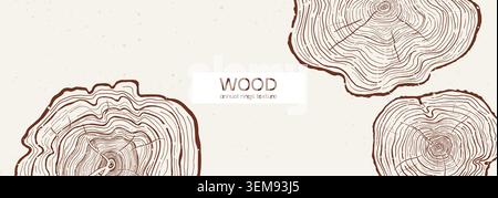 Background with wood annual rings texture. Tree trunk ring luxury art. Poster template hand drawn tree ring pattern. Tree trunk in section cover or card. Wooden concentric circles modern background Stock Vector