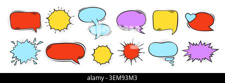 Pop art comic speech bubble colorful set. Retro dialog clouds, thought blobs, explosion effects wow, bang, expressions. Vintage 80s 90s cartoon stickers for prints. Vector communication illustration Stock Vector