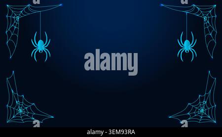 Spiders hanging from webs in corners on dark blue background. Stock Vector