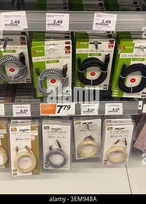 Cremona, Italy - May 9th 2026 Electronic accessory cables, including Sologic USB A to Micro USB and Pro Edge USB C to 8 pin cables for iPhone, iPad, a Stock Photo