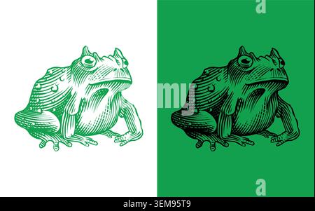 Green earth horned frog Wizardry and witchcraft elements for magic rituals and spiritualism and halloween. Fully digital hand drawn engraving in old Stock Vector