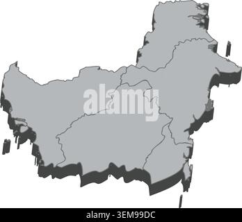 3D extruded grayscale administrative map of Kalimantan provinces, Indonesia isolated Stock Vector