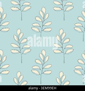 Seamless botanical pattern with hand drawn delicate branches and leaves on a soft pastel blue background for textile fashion prints wrapping paper and cute bedroom wallpaper design. Vector illustration Stock Vector