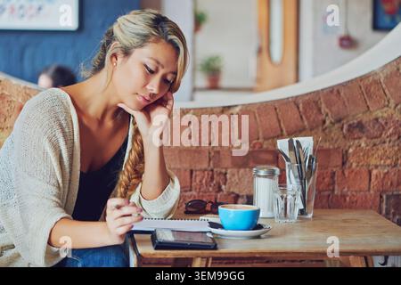 Planning, remote work and woman with tablet in coffee shop, reading feedback and research for script. Review, freelance and writer with tech for Stock Photo