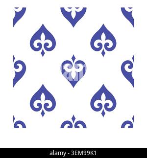 Traditional Kyrgyz ornament seamless pattern with blue folk heart spade motif and lily icon on white background for greeting card backdrop Stock Vector