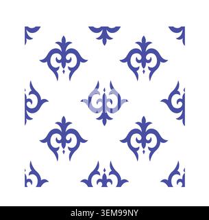 Traditional Kyrgyz ornament seamless pattern with blue folk silk embroidery motif on white background for restaurant menu decoration Stock Vector