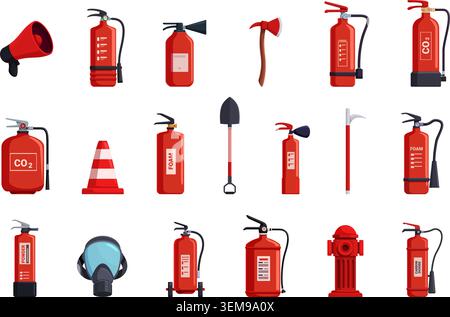 Fire protection tools. Firefighter equipment, isolated shovel, axe, protective face mask. Different red extinguisher with foam, safety sapid vector Stock Vector