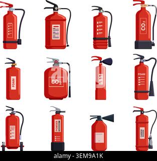 Fire extinguishers icons. Red extinguisher equipment, different shapes of fire extinguisher. Fire protection elements, isolated safety objects from Stock Vector