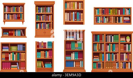 Cartoon bookcases. Library interior furniture for books. Bookcase and bookshelf for store, school, college, home interiors. Reading tools sapid vector Stock Vector