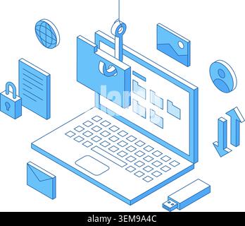 Isometric phishing concept. Large hook steals folder from personal computer. Theft data, financial or corporate documents. Industrial online espionage Stock Vector