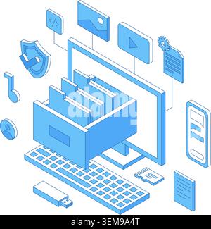 Isometric documents digital storage. Electronic document organization, files database, safety folders and docs, self info, nifty vector scene Stock Vector