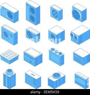 Isometric ventilation equipment. Cooling and warming equipment, industrial ventilation technologies. Climate control systems for fabric, houses, nifty Stock Vector