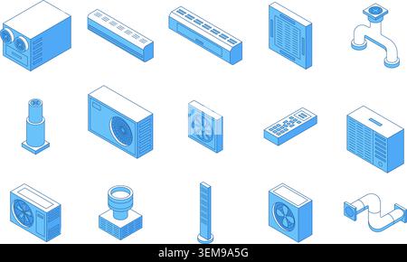 Isometric hvac elements. Different air conditioners, industrial and personal ventilation system equipment. Pipes and fans, modern climate control Stock Vector