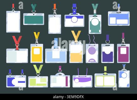 ID Badges. Colorful vector id cards with lanyards and blank templates in flat office style collection Stock Vector