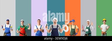 collage of smiling repair workers and young handyman with tools, measuring tape, cable, pipe wrench and screwdrivers on colorful studio backgrounds Stock Photo
