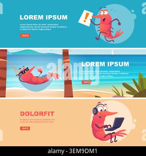 Shrimp Banners. Funny vector shrimp characters relaxing working and running in colorful horizontal banner scenes Stock Vector