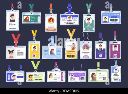 ID cards. Vector set of office name badges with plastic holders profile images and modern lanyard designs in recent mood Stock Vector
