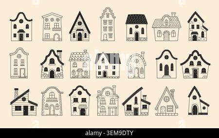 Doodle houses. Vector set with hand drawn home buildings cute cottages and simple sketch architecture in recent style Stock Vector