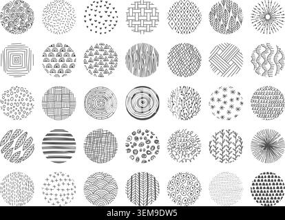 Doodle textures. Vector collection of abstract round patterns with waves lines dots and graphic recent ornament designs Stock Vector