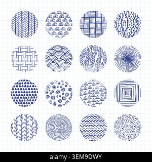 Abstract patterns. Vector set with hand drawn circles striped textures and geometric doodle elements in recent style Stock Vector