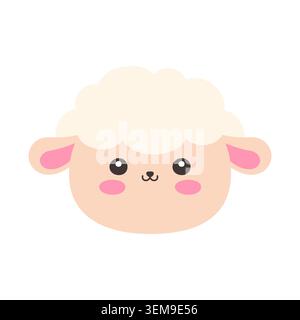 Cute Kawaii Sheep Face Flat Vector Illustration on White Background Stock Vector