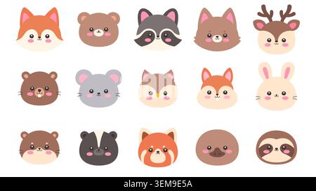 Cute Kawaii Woodland Animal Faces Set Flat Vector Illustration on White Background Stock Vector