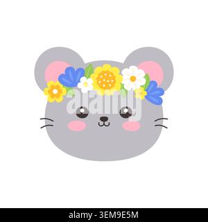 Cute Kawaii Mouse Face with Flower Crown Flat Vector Illustration on White Background Stock Vector