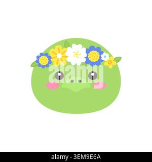 Cute Kawaii Turtle Face with Flower Crown Flat Vector Illustration on White Background Stock Vector