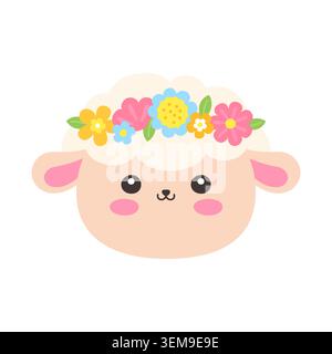 Cute Kawaii Sheep Face with Flower Crown Flat Vector Illustration on White Background Stock Vector