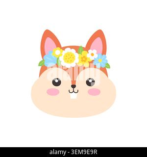 Cute Kawaii Squirrel Face with Flower Crown Flat Vector Illustration on White Background Stock Vector