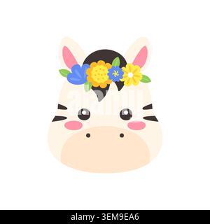 Cute Kawaii Zebra Face with Flower Crown Flat Vector Illustration on White Background Stock Vector