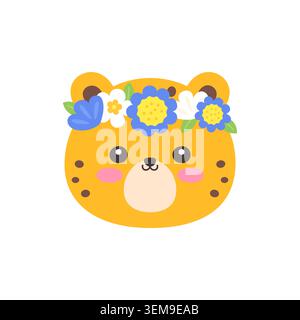 Cute Kawaii Leopard Face with Flower Crown Flat Vector Illustration on White Background Stock Vector