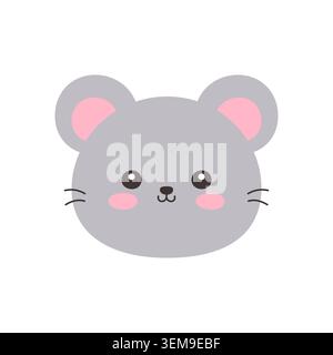Cute Kawaii Mouse Face Flat Vector Illustration on White Background Stock Vector