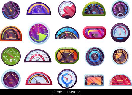 Isolated speedometers. Different speedometer for car, boat, trucks. Speed meter automatic for dashboards. Safety elements for measurements, nowaday Stock Vector
