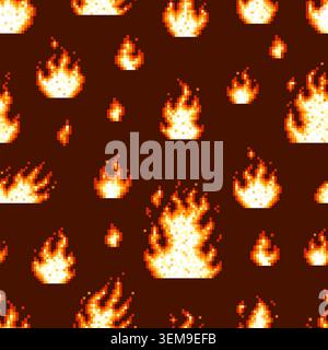 Pixel art flames fires seamless pattern. Decorative burning icons, 8-bit 16-bit retro style elements. Arcade design print for web, gaming, fabric Stock Vector