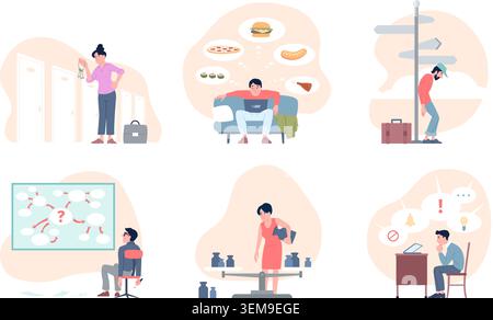 Decision fatigue scenes. Overload from multitasking, difficulty making life choices, cognitive imbalance and tired brain. Apathy people recent vector Stock Vector