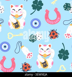 Lucky symbols seamless pattern. Protective elements, clover, dice, evil eye, cat paw. Stylish cartoon print for fabric, web page, wallpaper, racy Stock Vector