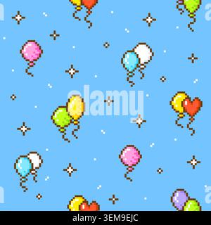 Pixel balloons seamless pattern. Simple colorful balloon print. Arcade game 8-bit 16-bit backdrop, template for web, fabric, printable, tidy vector Stock Vector