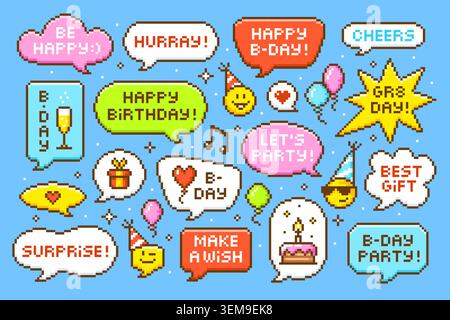 Pixel birthday bubbles. Retro style messages for congratulations with texts and icons. 8-bit conversation speech bubble, lets party, best gift, tidy Stock Vector