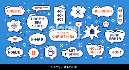 Christmas pixel art bubbles. Y2k design elements, winter holidays speech bubble with snow caps and festive text. New year retro, tidy vector set Stock Vector