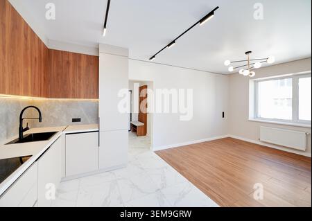 Modern open plan living area with integrated kitchen and wooden floor zone. Bright apartment interior with track lighting, large window and minimalist design, real estate concept Stock Photo