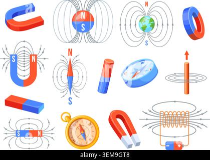 Magnet force. Physics electric flux, magnetic field lines earth compass bar horseshoe magnets attraction repulsion positive negative sides induction set neat vector illustration original artwork Stock Vector