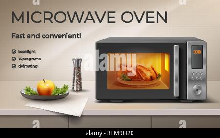 Microwave oven poster. Realistic smart oven ad banner, 3d modern kitchen home appliance cook chicken food steel electric stove digital display background garish vector illustration original artwork Stock Vector