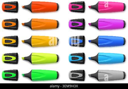 Highlighter pen realistic. 3d marker, text color highlight felt pens colorful neon highlighters school pencil office supplies write stationery isolated garish vector illustration original artwork Stock Vector
