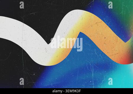 Abstract geometric background featuring a wavy white line and colorful gradients with retro noise Stock Photo
