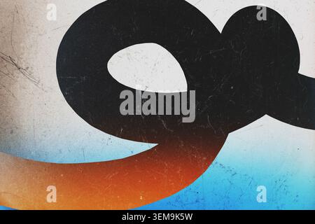 Abstract graphic composition with black shapes and orange to blue gradient over a grainy texture Stock Photo