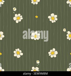 Whimsical Tiny Daisy Flower Seamless Pattern With Stripes Floral Spring Summer Vector Background Stock Vector
